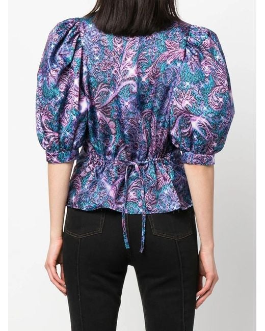 Viktor & Rolf Blue Brocade-Effect Print Puff-Sleeve Blouse