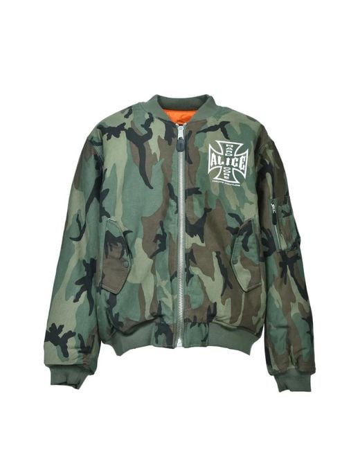 ALICE HOLLYWOOD Green Camouflage-Print Logo-Print Bomber Jacket for men