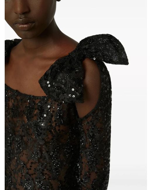 Nina Ricci Black Bow-Embellished Sequinned Lace Gown