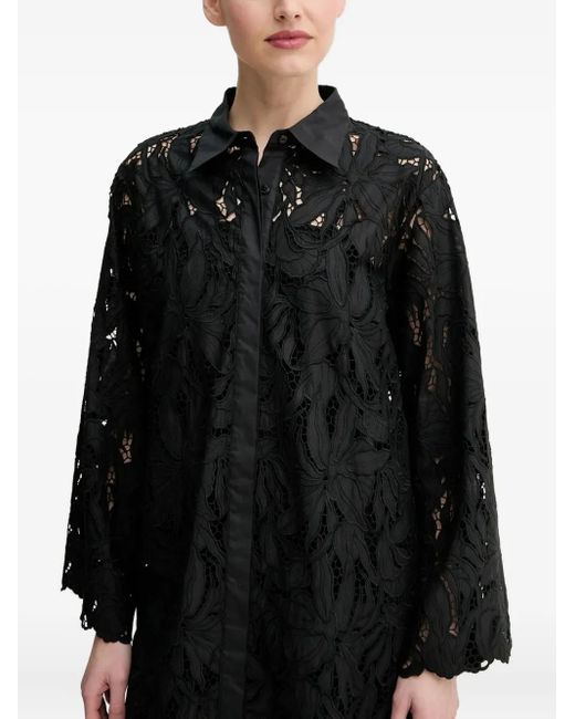 Isabelle Blanche Black Floral-Lace Shirt Midi Dress