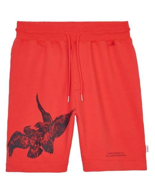 Purple Brand Red Bird-print Cotton Track Shorts for men