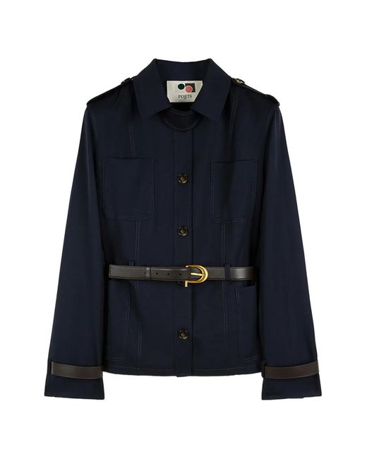 Ports 1961 Blue Belted Ribbed-Collar Jacket