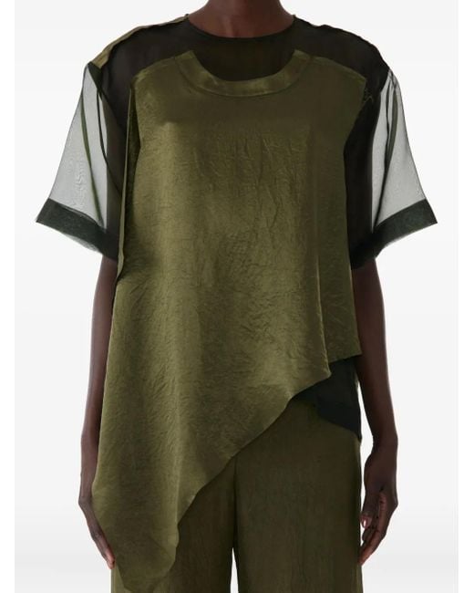Jason Wu Green Asymmetric-Hem Crinkled T-Shirt