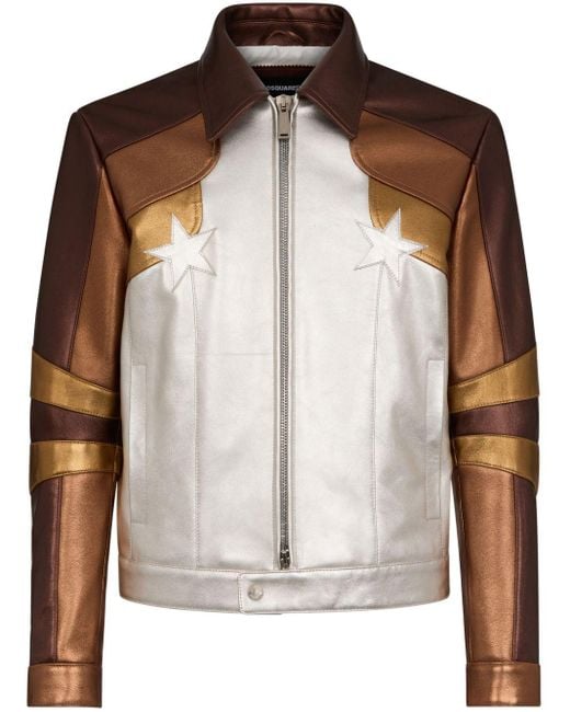 DSquared² Brown Metallic Panelled Leather Jacket for men