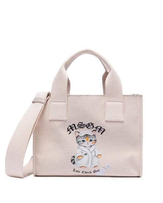MSGM Natural Cat-Print Tote Bag
