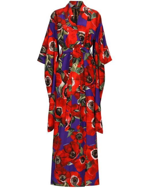 Manteau ceinturé en soie à fleurs Dolce & Gabbana en coloris Red