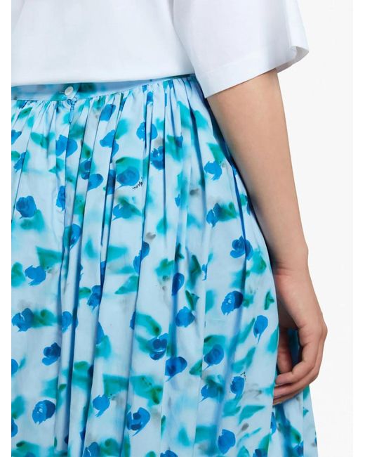 Marni Blue Floral-Print Peplum Midi Skirt