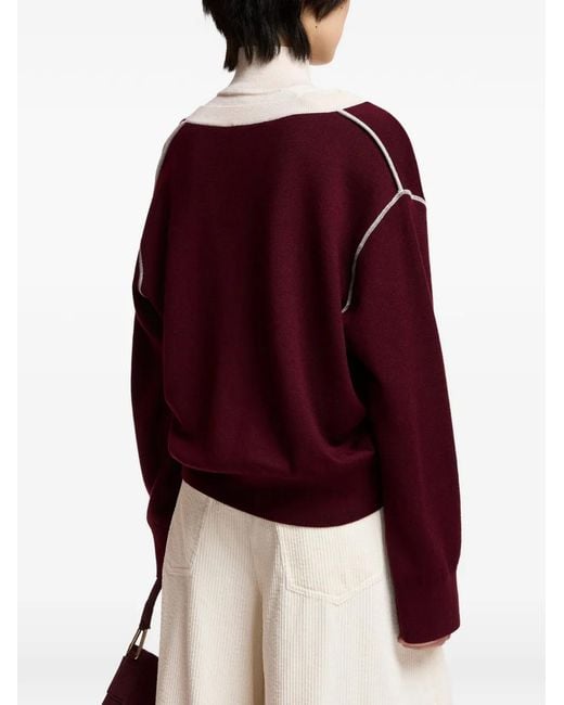 Essentiel Antwerp Red V-Neck Contrast-Trim T-Shirt