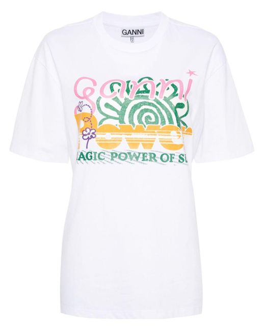 Ganni White Graphic-Print Organic-Cotton Blend T-Shirt
