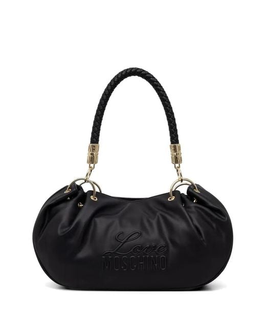 Love Moschino Black Logo-Embossed Braided-Handle Tote Bag