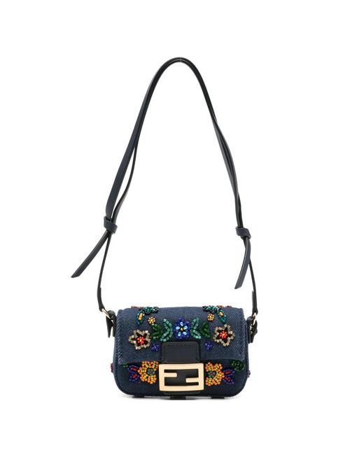 Fendi White Mini Sac À Main Baguette À Fleurs Brodées