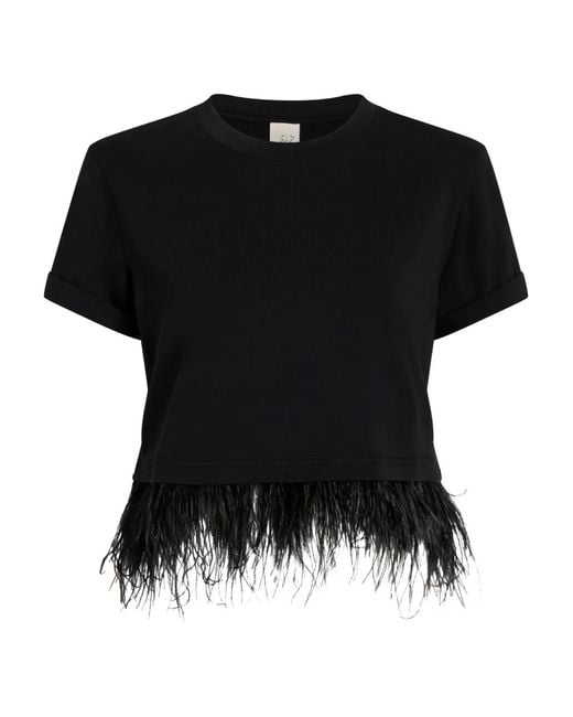 Cinq À Sept Black Short-Sleeve Feather-Trimmed Cropped T-Shirt