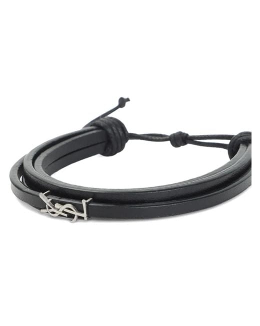 ブレスレット Saint Laurent Black Leather Bracelet With Logo Saint Laurent Leather-Wrap Logo Bracelet in Black for Men