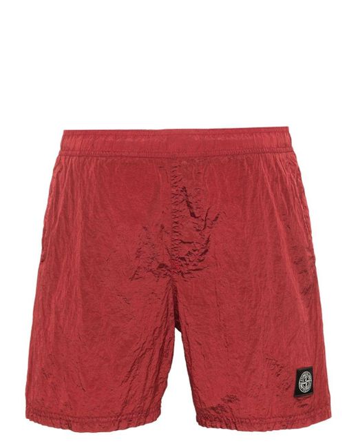 Stone Island Red Compass-patch Crinkled Swim Shorts for men