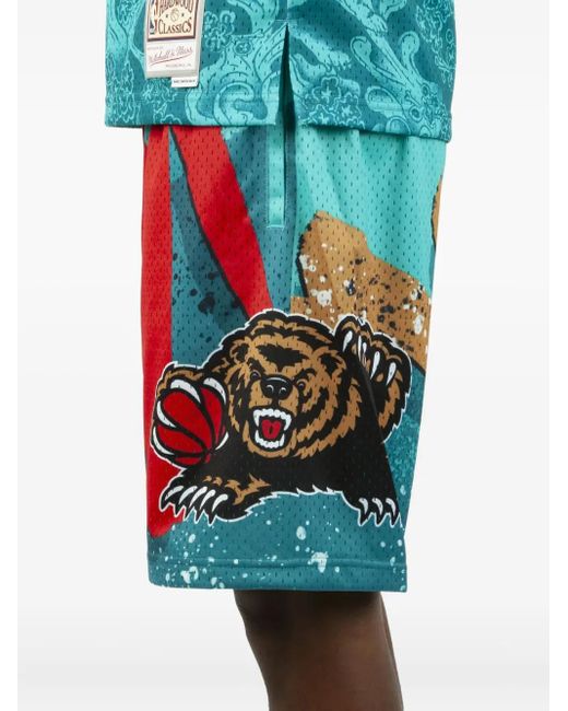 Mitchell & Ness Blue Grizzly-Print Mesh Shorts for men