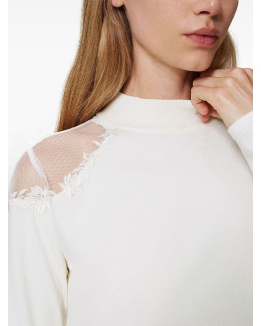 Twin Set White High-Neck Embroidered Sweater