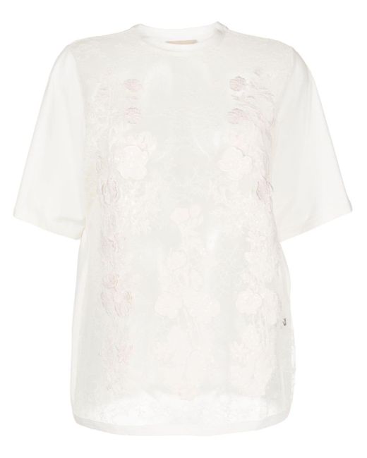 Floral-appliqué sheer T-shirt di Elie Saab in White