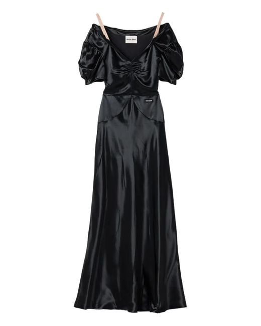 Miu Miu Black Robe Longue À Effet Satiné