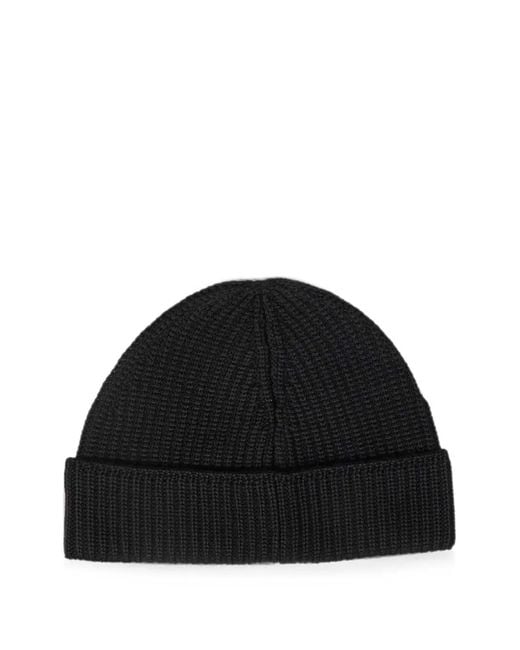 C P Company Black Ribbed-Knit Wool Beanie Hat for men