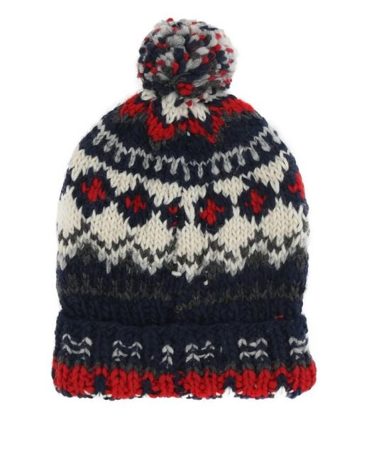 Chamula Gray Fair Isle-Pattern Pom-Pom Beanie for men