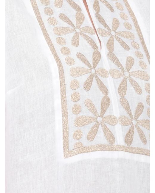 120% Lino White Embroidered-Panel Slit-Detail Maxi Dress