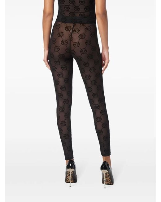 Philipp Plein Gray Monogram-Pattern Tulle Leggings