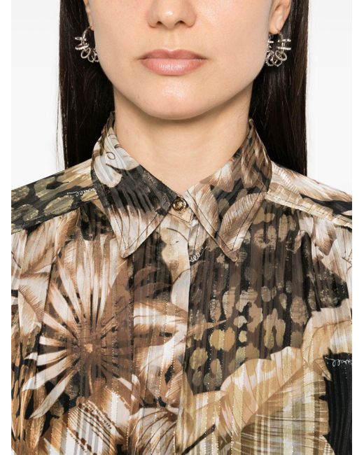 Just Cavalli Brown Semi-transparentes Metallic-Hemd mit Blumen
