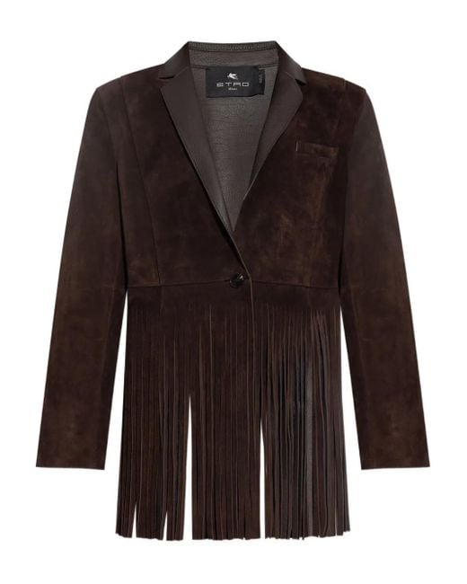 Etro Black Single-Breasted Suede Jacket With Fringing
