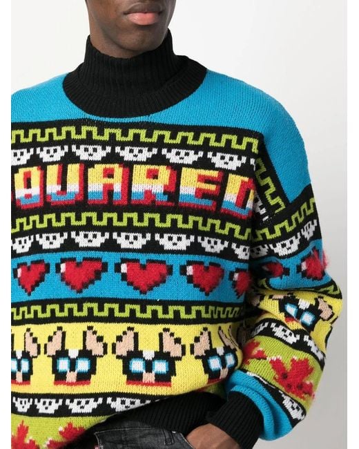 DSquared² Blue Jacquard Crew Neck Jumper for men