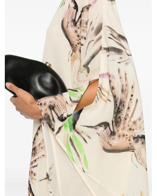 Psophia White Bird-Print Long-Sleeve Midi Dress