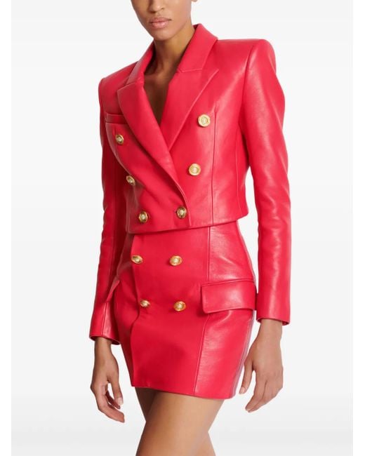 Balmain Red Lambskin Cropped Jacket