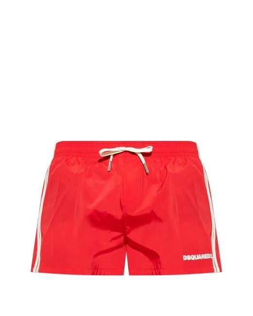DSquared² Red Drawstring Stripe Swim Shorts for men