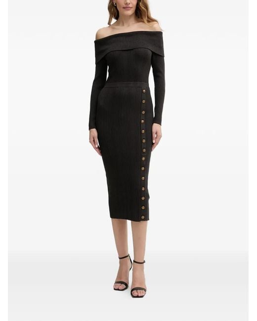 Guess Black Off-Shoulder Button Midi Dress