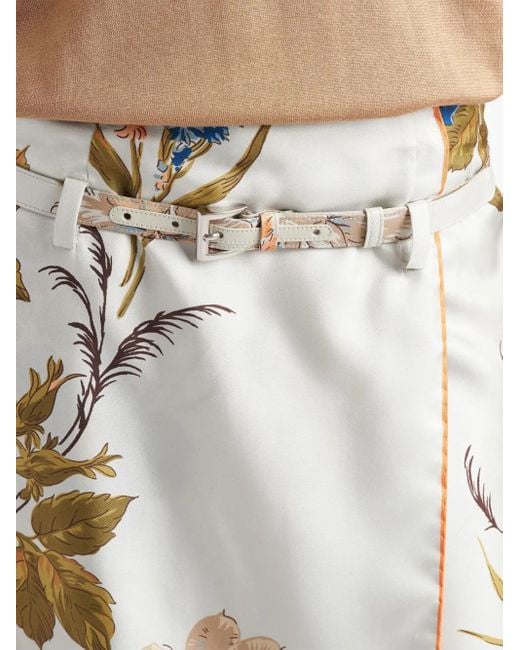 Prada White Floral-Print Silk Midi Skirt