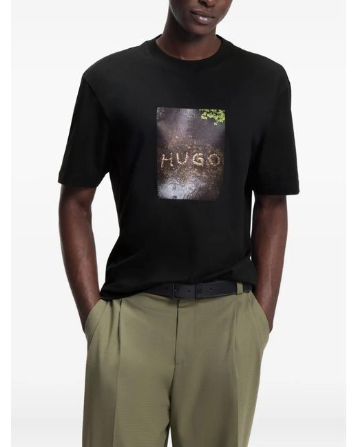 HUGO Black Graphic-Print T-Shirt for men