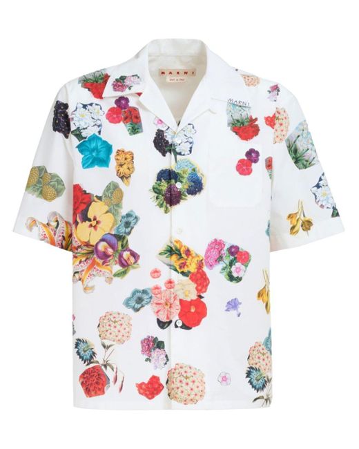 Marni White Floral-print Cotton Shirt for men