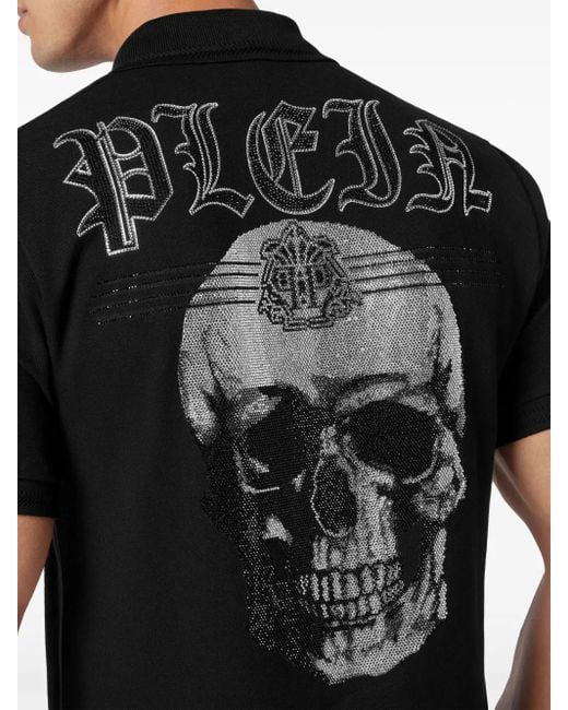 Philipp Plein Black Skull-Print Rhinestone-Embellished Polo Shirt for men