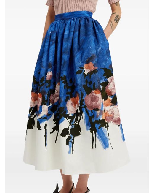 Falda midi fruncida con motivo floral Erdem de color Blue