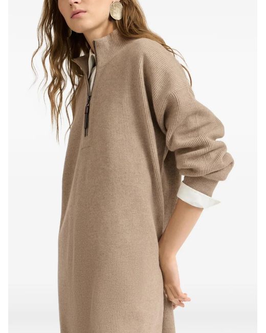 Brunello Cucinelli Natural Virgin Wool, Cashmere And Silk Rib-Knit Dress With Precious Half-Zip