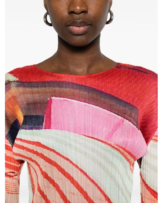 Pleats Please Issey Miyake Red Pleated T-Shirt