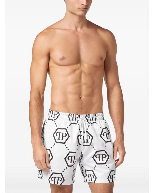 Philipp Plein White Monogram Jacquard Swim Shorts for men