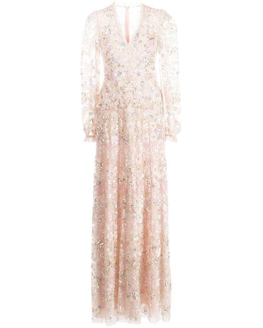 Needle & Thread Shimmer Fairytale V-neck Gown in Natural | Lyst