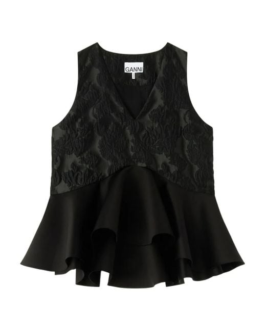 Ganni Black Satin Cloque Peplum Top