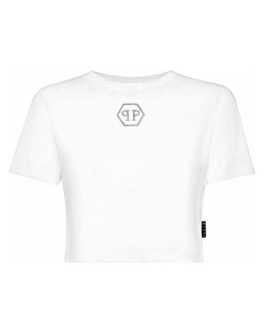 Philipp Plein Crystal Hexagon Cropped T-Shirt in het White