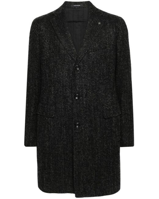 Tagliatore Black Brooch-detail Herringbone-pattern Coat for men