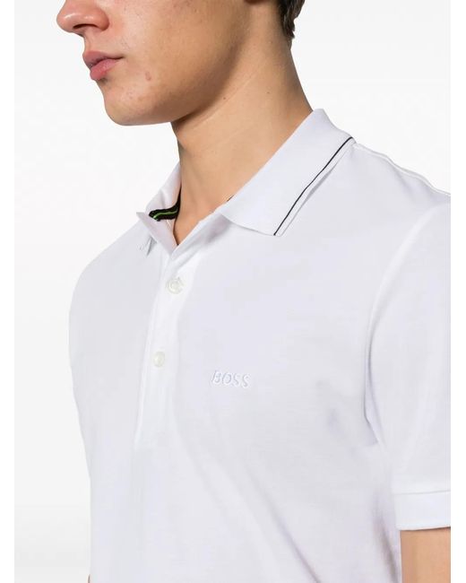 Boss White Cotton-Piqué Slim-Fit Polo Shirt With Collar Stripe for men