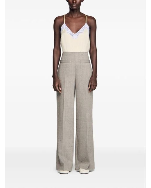 Sandro Gray Wide-Leg Checked Wool Trousers