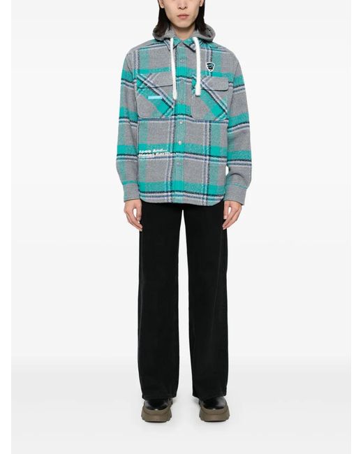 Aape By A Bathing Ape Blue Check-Pattern Hooded Wool-Blend Jacket for men