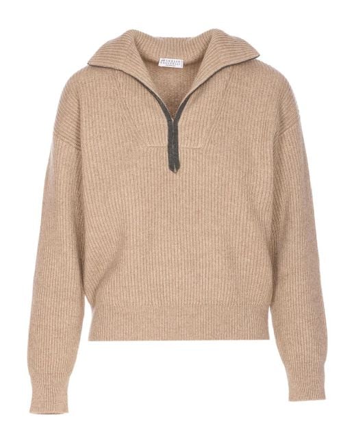 Maglione Con Mezza Zip di Brunello Cucinelli in Natural