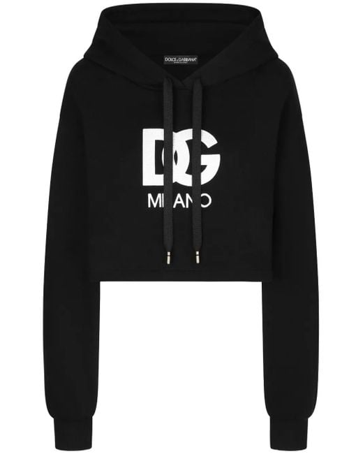 Dolce & Gabbana Black Cropped Jersey Hoodie With Embroidered Dg Patch